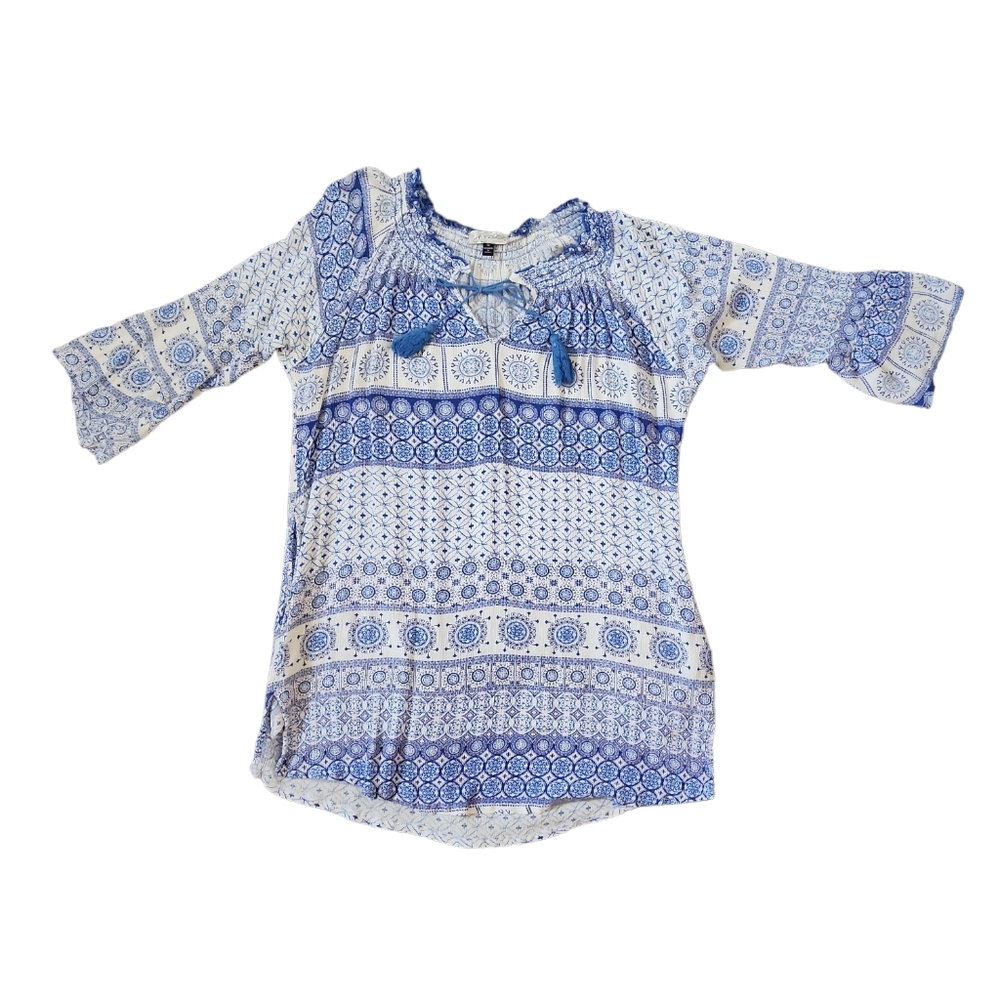 J Valdi White And Blue Patterned Half Bell Sleeve Dress Size M